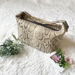 美品★リアル ヘビ革 パイソン ハンドバッグ ナチュラル