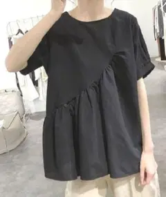 M涼しい綿麻★ポケット付き　斜め切替アシンメトリーキャザーブラウス♪黒M