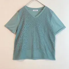 （L）透かし編み デザイン Vネック Tシャツ レース 切替 半袖カットソー