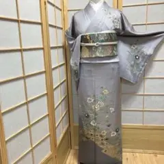 ［4362］訪問着 美品 螺鈿 草花文様 金銀彩 正絹 着物 袷