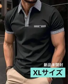 メンズ　ポロシャツ　黒　XL ブラック　カジュアル　半袖　チェック　　きれいめ
