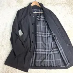 極美品 バーバリー ロンドン ステンカラーコート レザー メガチェック 黒