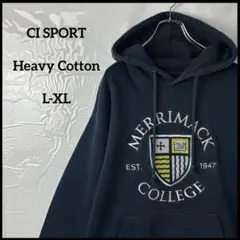 プルオーバーパーカー　刺繍ロゴ　ネイビー紺色　カレッジロゴ　肉厚ヘビーウェイト