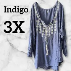 Indigo 【3X】レディース トップス Vネック 長袖 ブルー 古着