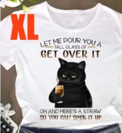 【人気】　猫　プリント　Tシャツ　カットソー　イラスト　XL　ホワイト　④