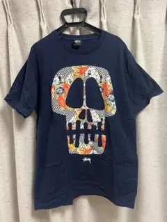 old stussy Tシャツ センターロゴ スカル ドクロ 骸骨　花　フラワー