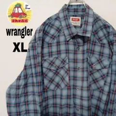 USA古着 wrangler　長袖ボタンシャツXL　ライトブルーオレンジチェック