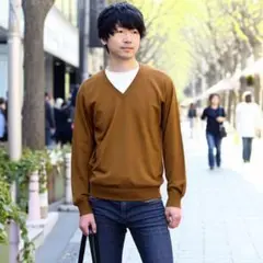 【大特価】 MITSUMINE ブラウン Vネック ニットセーター 長袖 M