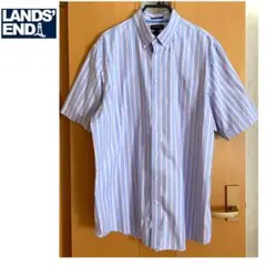 LAND'S END 半袖コットンBDシャツ　ブルーxピンクストライプ　XL