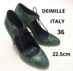 DEIMILLE ディミッレ 本革 レザー パイソン柄 グリーン 太ヒール 36