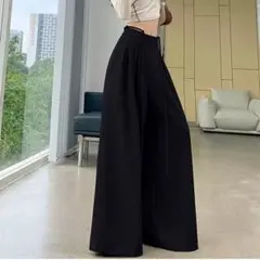 ワイドパンツ シンプル ブラック 韓国式 XL オフィス OL ハイウエスト
