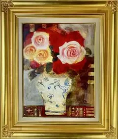清原啓一　真作「黄薔薇」 油彩3号　サイン署名　芸術院会員　薔薇名品　古径製額装 清原啓一 真作「黄薔薇」 油彩3号 サイン署名 芸術院会員 薔薇