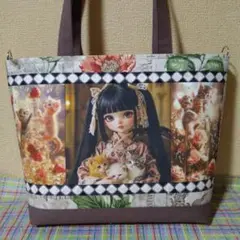 《セール品》❰オリジナルデザイン❱女の子ネコ両面６パネルトートバッグ大きめ肩掛け