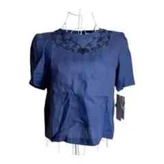 定価19,800円　新品未使用　刺繍入りネイビー半袖ブラウス　ブルー　青　紺