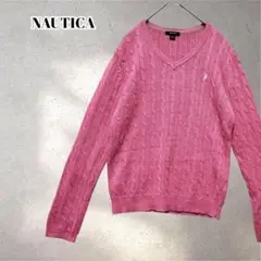 ノーティカ　Vネック 薄手 セーター　ケーブル編み　ワンポイント　 5542