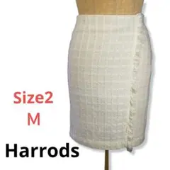 Harrods★コットンツイードのフリンジミニタイトスカート2/M白ホワイト