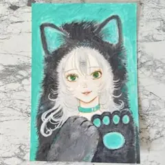 アクリル画 手描きイラスト ハガキサイズ 原画 女の子