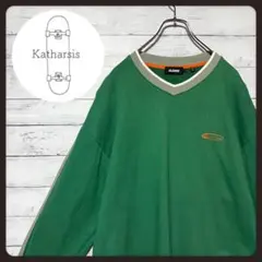 エクストララージ 刺繍ワンポイントロゴ ラインリブ グリーン スウェット