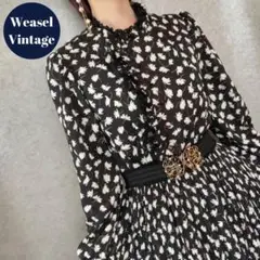vintage ヴィンテージ レトロ古着 フリル襟花柄ロングワンピース 長袖黒