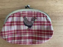 【used】チェック柄の鶏刺繍がま口ポーチ
