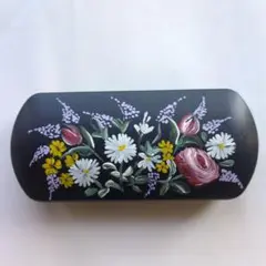 ト−ルペイント、メガネケース、紺色、花柄