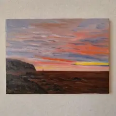 風景油彩画 北海道積丹半島夕焼け油彩画、サイズF-4 ,張りキャンバス画、