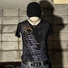 平成　ギャル男　ダークコア　Tシャツ　Vネック　グランジ　英字　パンク　ヒョウ柄