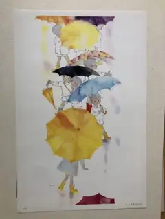 いわさきちひろ　傘を持った子供たちの水彩画
