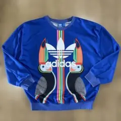 adidas 薄手 トレーナー プリントロゴ オウム 古着 青 Lサイズ