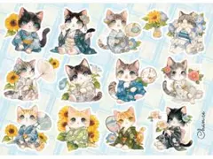 ［107］オリジナルコラージュシート　２枚　ゆかたにゃんこ　猫　浴衣　ひまわり