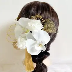 胡蝶蘭① かすみ草 ドライフラワー 髪飾り 結婚式 成人式 卒業式 金箔 白無垢