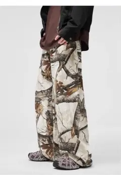 ウォッシュドデニム ワイドパンツ ツリー柄 ホワイト