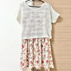 【Honeys/COLZA】２点セット 花柄ワンピース＆透かしニット Sサイズ