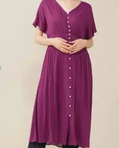 ナノユニバース　フロントボタンシアーワンピース　Vネック　パープル　インナー付
