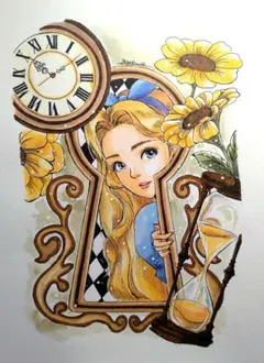 手描きイラストA4　コピック・水彩画『アリスの部屋』