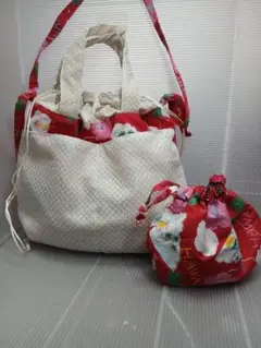 ハイビスカス柄のグラニーバッグとミニ巾着セット