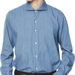 【美品】SUIT SELECT デニムカッタウェイシャツ　L86 薄手 長袖 青