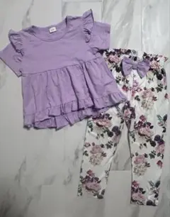 肩フリルトップス＆花柄リボンパンツ　セットアップ　100cm