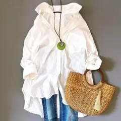 美品 ♪ バンヤードストーム シルクストライプシャツ 2wayカシュクール 白