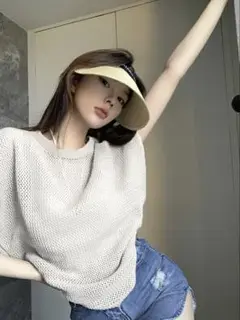 透かし編み 半袖メッシュニット トップス　白