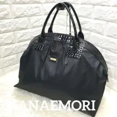 《美品》 ハナエモリ ミニボストン クロコ 型押し 裏地 レザー ナイロン
