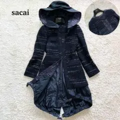 希少✨sacai ドッキング ノーカラー ロングコート ツイード×ポリ フード付