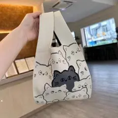 ベージュ ニット 鍵編み 猫 ニット トート バッグ マチあり エコバッグ 1