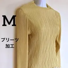 イエロー プリーツ加工 メロウ シアー トップス　カットソー インナー 長袖