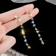リボン チェーン ロング ストーン クリア ピアス