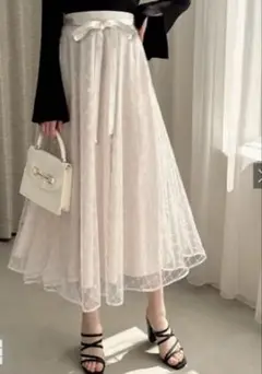 リボンベルト付きダイヤ柄ラメチュールフレアスカート[pu25]
