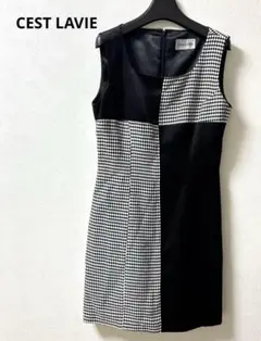 CEST LA VIEノースリーブひざ丈ワンピース ブラック ホワイトMサイズ