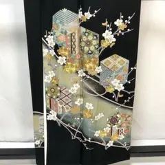 C251正絹　黒留袖　比翼付　五つ紋　百寿文様　落款　金駒刺繍　金箔　着物