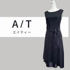 A/T アシンメトリーワンピース ブラック プリーツ ウエストリボン