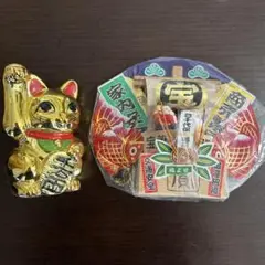 金色の招き猫 宝船　置物 開運金運2点セット